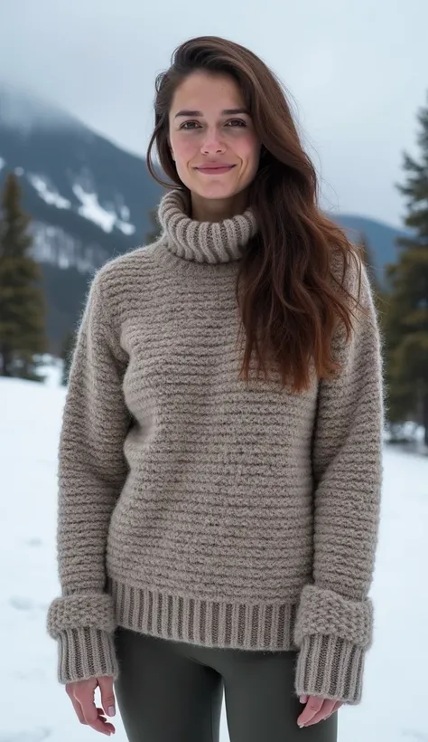 A 36-year-old woman with a pleasant face, wearing a wool sweater and leggings, standing against a snowy mountain backdrop.