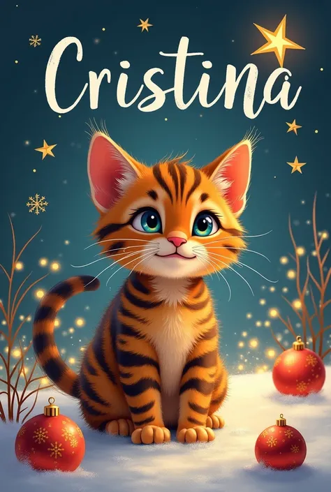 Une étiquette cadeau avec le nom Cristina, un chaton bengal, une boule de noël et une étoile 