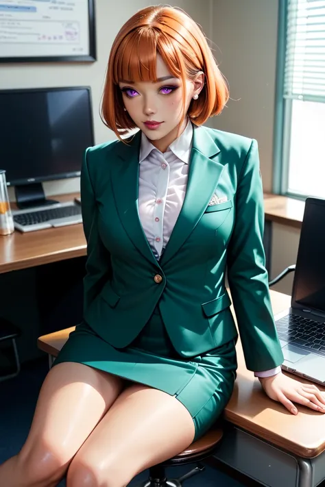  8K Ultra HD , there is a woman sitting in a chair and using a laptop, 厳格な黒い is wearing a business suit, sitting On the desk, In a strict suit, On the desk, Dressed in a strict suit, Japanese Goddess, Thighs丈ソックスとスカート, She sat at the desk,  sitting at the ...