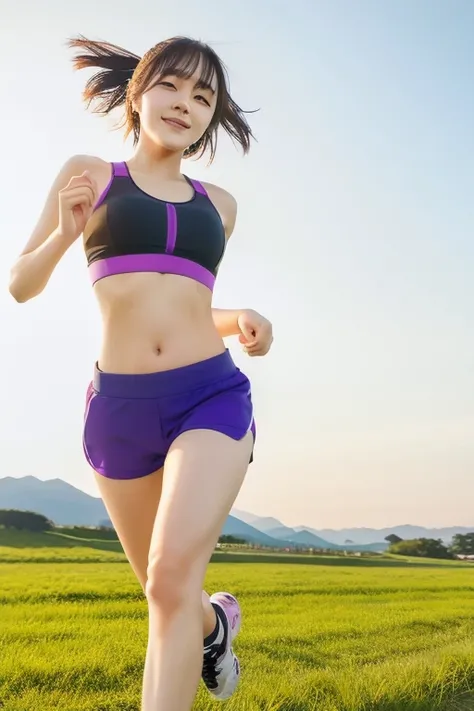 Full-body photo of a beautiful Korean girl with short hair, wearing a sports bra, running and playing with a glider in a grassy field in the evening, with a happy face and a fat black cat running close by.