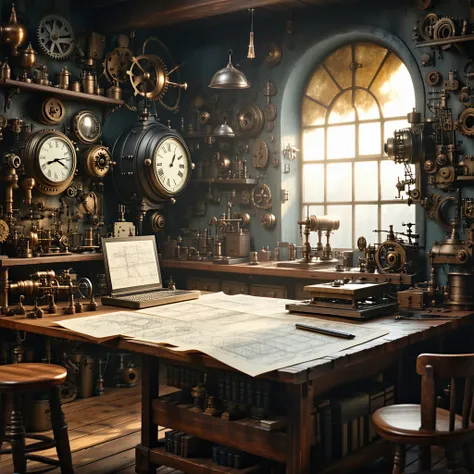 steampunk inventors workshop, cluttered, gadgets, gears, blueprints, clock, dimly lit, warm, nostalgic glow,