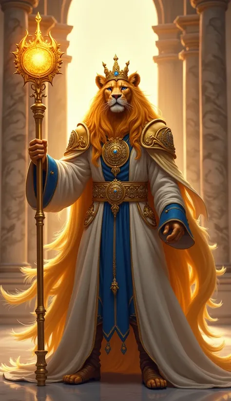 Lion Wizard
Description: A regal lion wizard with a golden mane flowing like fire. He wears a majestic white and gold robe with royal blue accents, complemented by a jeweled crown-like headpiece. His staff, a long golden rod topped with a glowing sun emble...