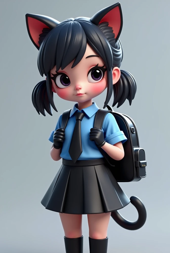   early teens、vampire、Petite、  black hair、 ツインテール 、Cat ears、Tail、  blue shirt、black tie、Shiny black gloves、スカート、 carry a shiny black elementary school backpack、3d