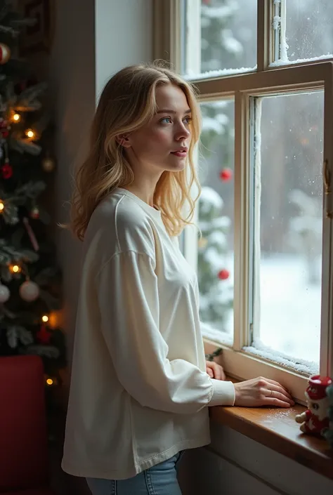 
one Russian girl, age 29, natural blonde, wearing a white shirt and socks  standing by her window in winter at Christmas 