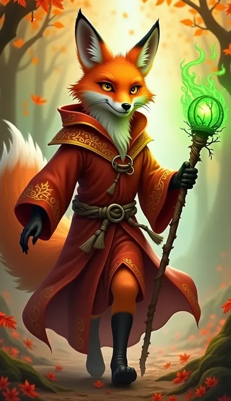 Fox Wizard: Autumn Flamecaster
Description: A fiery orange fox with a sly smile and intelligent amber eyes, wearing flowing robes of deep red and burnt orange with golden leaf patterns. His staff, crafted from twisted mahogany, is topped with a glowing gre...