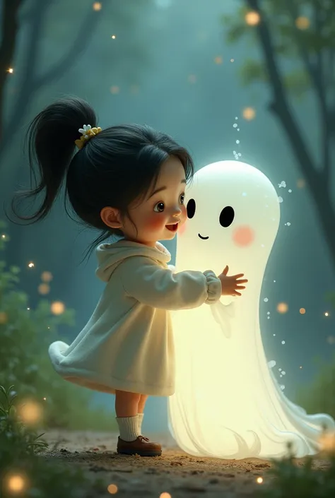 black big eyes emmy smlling and meet with his ghost friend and hug with each