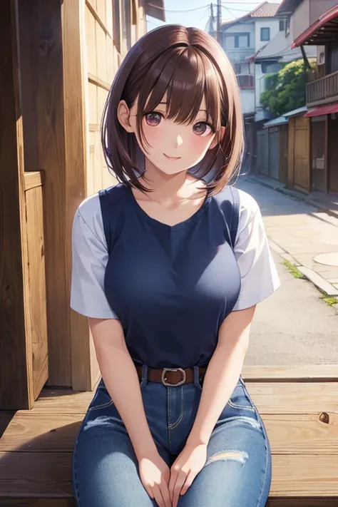  top quality 、masterpiece、High sensitivity、 high res、 Kiri Reina female、Sitting in a dim alley 、 denim pants、anegasaki nene、 shiny maroon hair,  Shorthair, ( brown pretty eyes )、smile、 sparkling eyes , (Fine grain)、 super detailed eyes、 very detailed face,...