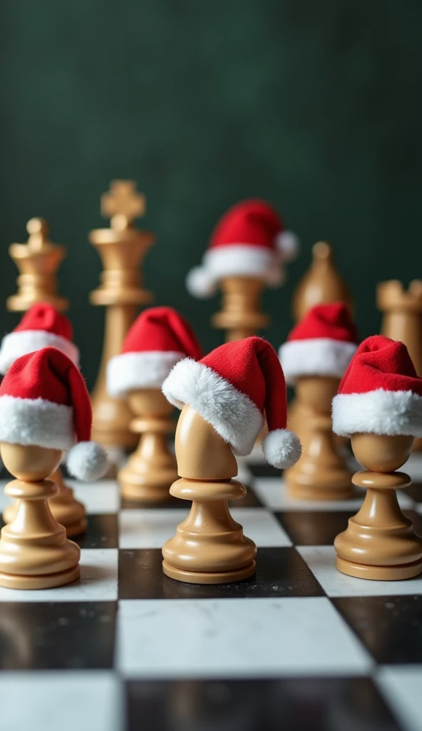 Generate an image of chess pieces on a checkered floor. The chess pieces are wearing Santa hats