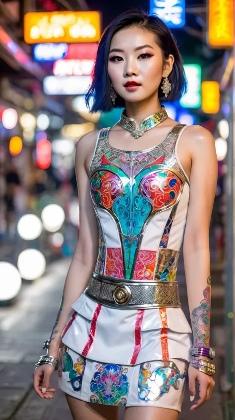 Photo of a beautiful Asian female model of Thai-Japanese descent, 20 years old, porcelain white skin, high-end cosmetics, wearing a brightly colored short evening dress, combined with strong white shiny metal armor details, tattooed face, walking towards t...