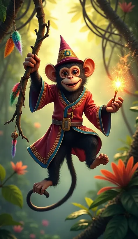 Monkey Wizard: The Trickster Magician
Description: A clever monkey with expressive eyes and a playful grin, wearing a multicolored robe stitched with vibrant patterns and magical symbols. His staff, a crooked wooden branch adorned with dangling charms, fea...