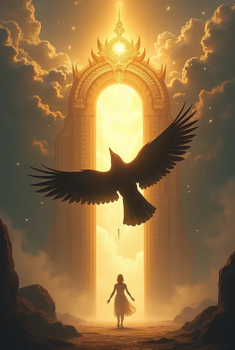 A crow flying to a heavenly gate, a golden divine gate, and a arrow following him from back in a distance