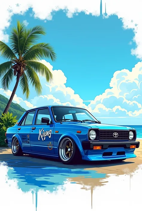 " Illustrated design depicting the old generation Toyota Kijang car in bright blue , dikelilingi elemen tropis berupa pemandangan gunung,  clear sky , and the coconut tree .  This car is modified with racing rims , additional accessories ,  and sporty-styl...