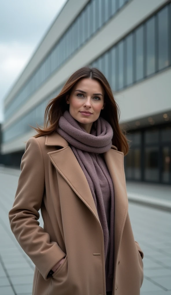 A 36-year-old woman with an elegant look, in a sleek coat and scarf, posing in front of a sleek, modern building.