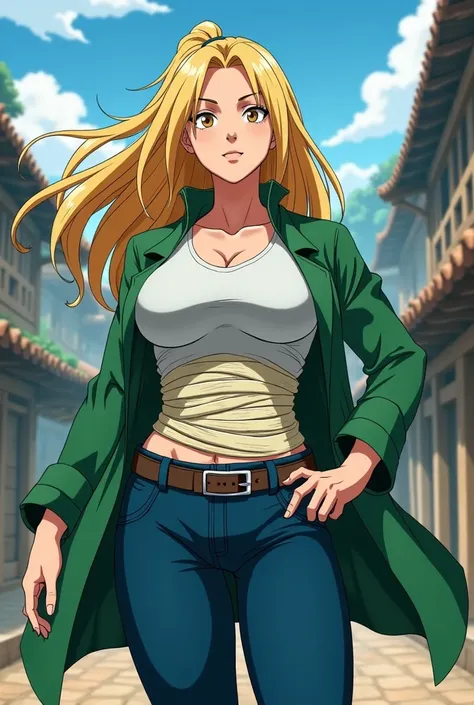 Tsunade, blonde hair, large breasts, mature female, blue pants, green coat, chest bandage cartoon 