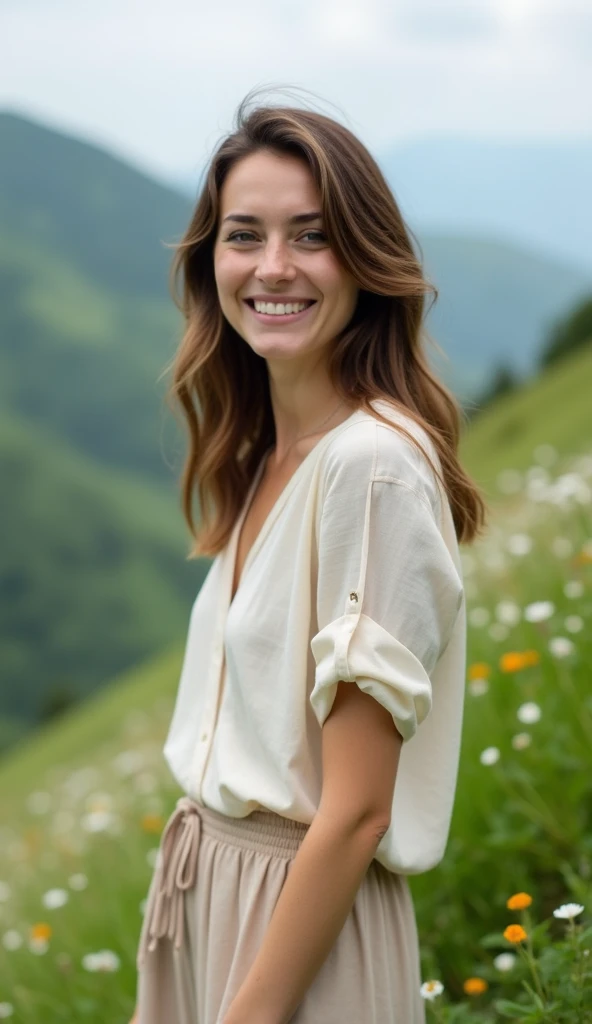 A 37-year-old woman with a relaxed expression, wearing a loose blouse and skirt, standing on a green hillside with flowers.