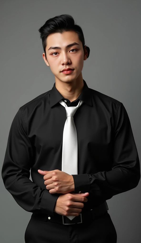 Simple and clean hairstyle ， looking at the camera ，全身Face me，Front view，Face me，Full body facing the camera， stand confidently in front of a pure gray high-grade gray background ， place the hand on the chest ，Touch the cuff with one hand ，Stand straight，L...