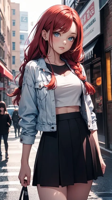 ( masterpiece : 1.2), ( best quality: 1.2), sweet woman, 18 years old, long red hair with braids,  long hair, loose blouse, black cropped t-shirt, black flared skirt, light jacket, bright and detailed sapphire eyes, high top boots,  in a city with colored ...