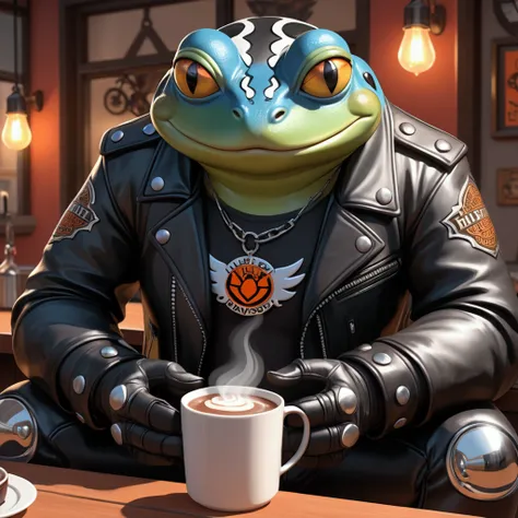 Closeup, Studio Ghibli Cartoon, an extremely badass anthropomorphic light blue and white bullfrog wearing an insanely cool black leather Harley Davidson biker jacket open, black shirt, black leather biker gloves, black leather biker pants, giving it a cool...