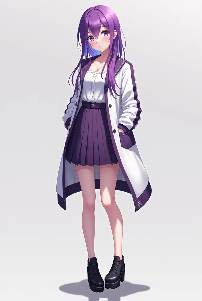 Anime purple haired beauty with purple eyes bemakai in white and purple jacket seta wearing a purplish black skirt and black shoes is standing