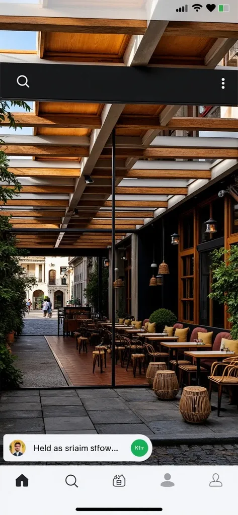 A cozy café with a rustic design, featuring natural wood interiors and terracotta tiles. The architectural style blends traditional elements with urban aesthetics. The exterior showcases large glass windows, warm wooden frames, and greenery climbing along ...