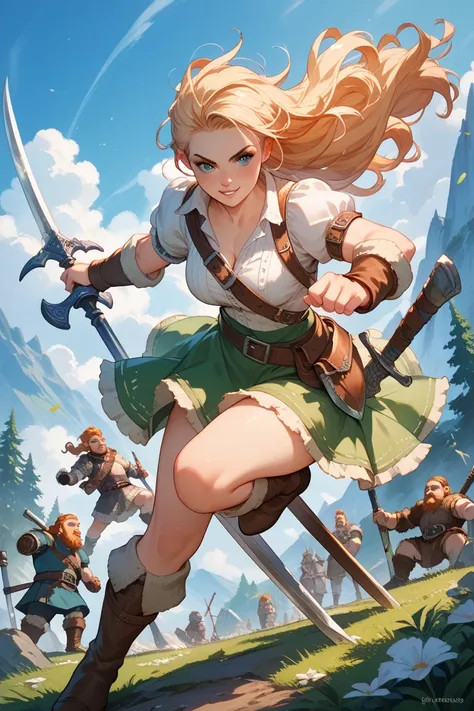  1 girl fights, dwarf,  inventor, musket,  fantasy,  Beautiful