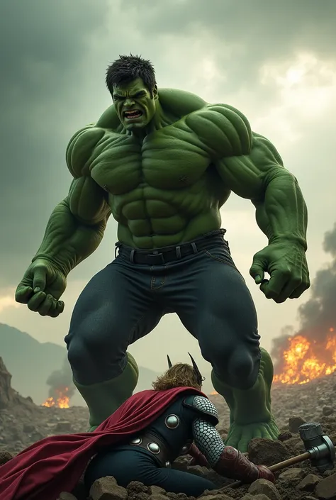 Create a striking and intense scene depicting the Hulk standing over a defeated Thor, holding him down with one of his massive legs. The Hulk should look powerful and intimidating, showcasing his muscular frame and green skin, while Thor appears battered, ...