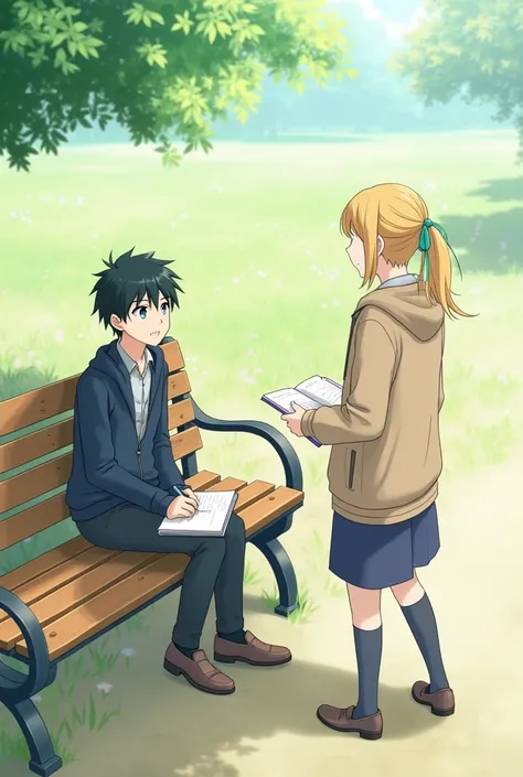 Boy (Ren): Shy but friendly, slightly awkward around new people.
Girl (Aoi): Confident, curious, and slightly teasing.
Scene:
Ren is sitting on a park bench, sketching in his notebook. Aoi walks by, notices his drawing, and decides to strike up a conversat...