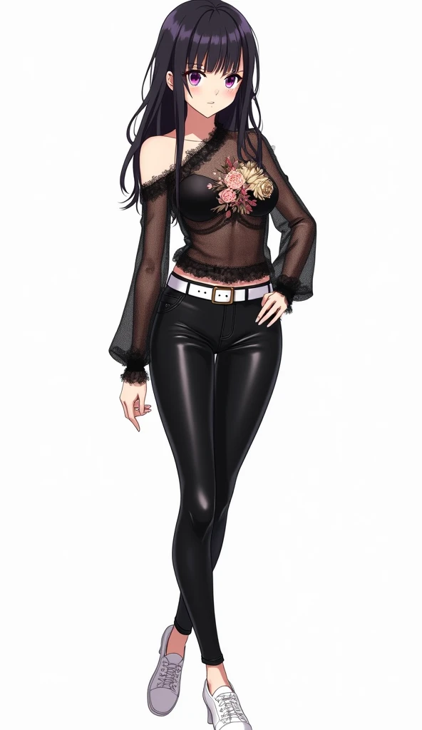 An anime teenage woman wearing a semitransparent black lace blouse, decorated with floral details in shades of pink and beige with one bare shoulder.  She wears tight pants made of leather or vinyl material in black color ,  combined with a white belt that...