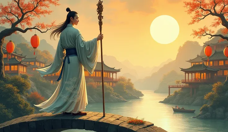 "A wise ancient Chinese sage standing atop a stone bridge, dressed in flowing silk robes adorned with delicate cloud patterns. His hair is tied in a traditional topknot, and he holds a wooden staff carved with intricate dragon motifs. The background featur...