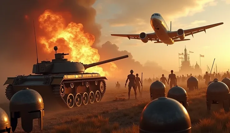 Battlefield: Second world war plane with an explosion in the background  ,  tank from the first world war in the foreground with Roman helmets on the ground and a Roman emperor sword in the air in the direction of battle 