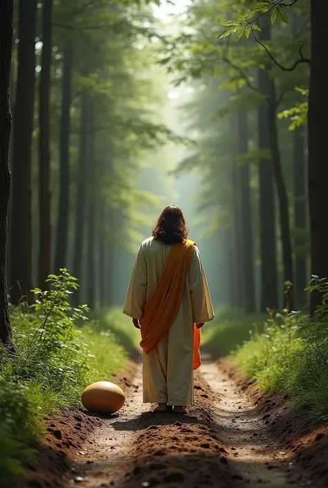 Jesus is standing on a muddy road in the middle of a dense forest.

A large egg is lying on the side of the road.

The surroundings are filled with thick trees, giving a sense of depth in the forest.

The muddy road and the environment should feel realisti...