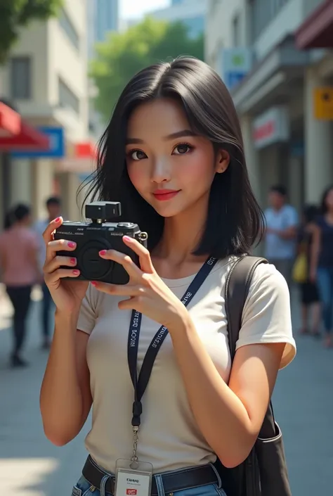 A 25 year old realistic looking Thai woman in casual and wearing her work lanyard taking a photo working in manila. 