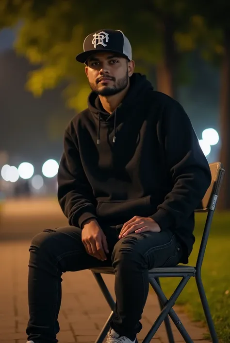 make a real picture, a 23 year old Javanese man, wearing a branded hat, wearing a black hoodie, black jeans, Jordan shoes, seen sitting on a chair, city park background, quiet atmosphere at night, HD, looks real