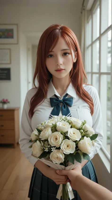 Hanako Arasaka, Intimate, busty, long auburn hair, feeling , in love, wearing school outfit, standing, facing viewers pov, looling back at viewer, holding a bouquet of flowers