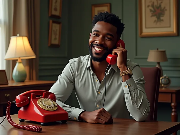 black man talking while smiling with a red wired telephone placed on a wooden table, dans une pièce vintage
