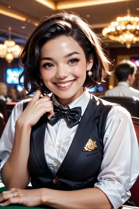  Photorealistic , 8K Ultra HD ,casino dealer girl、casino dealer attire （ white shirt with vest and bow tie）、Resolute Eyes 、smile、Around 20 years old、Black short hair、Pose to Express Joy 