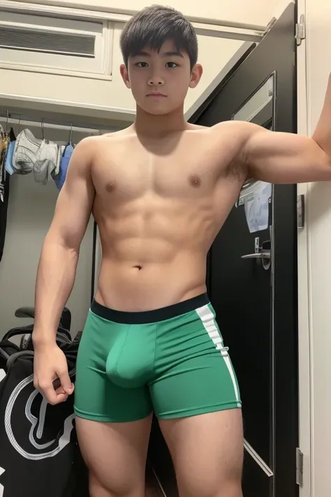  top quality ,masterpiece,Gym Mat, Slim Muscular Teenage Japanese Man, amateur wrestler ,bangs,green singlet, large crotch bulge, tanned skin, fighting pose with a shield on the arm,Thick, thick waxing hair , realism