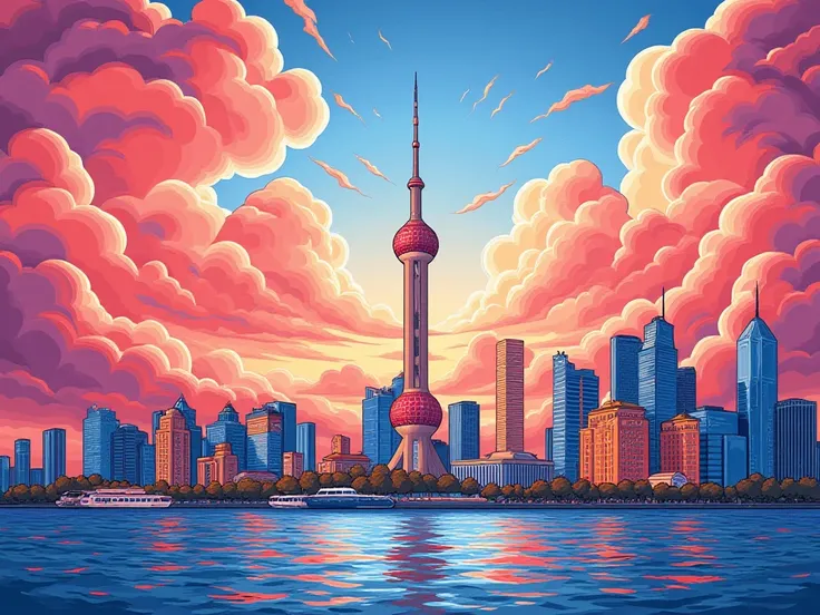    Paper-cut hollow art effect 
 (Shanghai, China， Oriental Pearl Radio and Television Tower:1.4)，City skyscrapers，Scenery of the Bund ，Sun rays， Using Psychedelic Color Schemes ，Ultra-detailed illustrations， Light Red and Sky Blue ， Imagined Scenery ，Psyc...