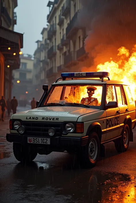 Land Rover Discovery police car on fire with a number written on the door 1312,  a skeleton policeman inside wearing police uniform , rain,  Barcelona Raval neighborhood fund,