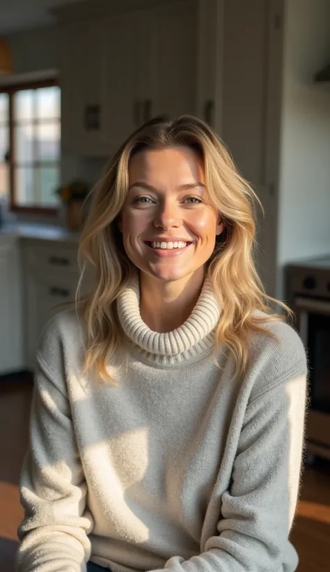 A 35-year-old woman in a closed-neck sweater, sitting in a modern kitchen with soft morning light streaming in.