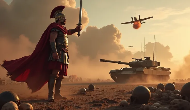 In the foreground I want to see a Roman emperor with his sword in the air in the direction of battle In the background I want to see a First World War tank with Roman helmets and human skulls on the ground then in the third I want to see a Second World War...