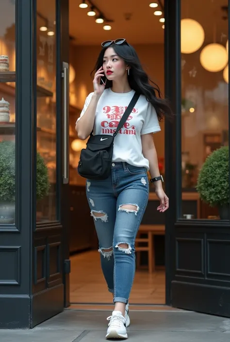 (photorealism:1.2), beautiful japaneese woman(curvy body), looking back while she is entering and holding the door at the cakes store, long black hair with sunglasses in her head, perfect makeup red lips, iwatch, earphones, wearing white printing tight t-s...