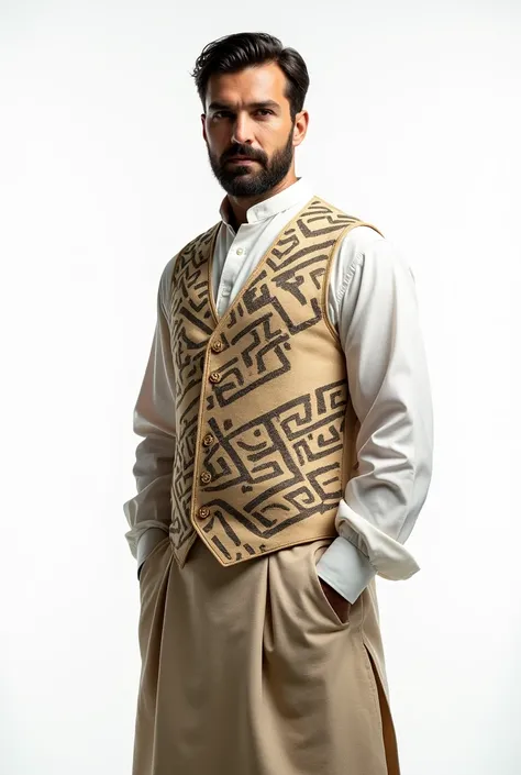 A Men Wear waskot calligraphy printed and Standing In White Background Detailed Image 