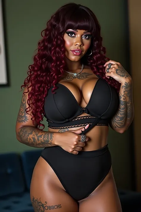 Tall thick curvy mixed black girl, thick curvy body, extremely large round perfect sexy breast, she has amazing giant breast, she’s wearing a very tight goth style sports bra, she’s pulling it down to expose her large breast and cleavage nude, she’s wearin...