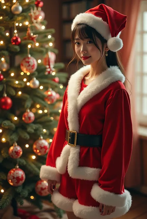 Japanese woman in Santa Claus costume、 Christmas tree、 realistic depiction 、masterpiece