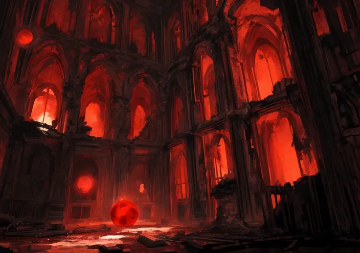 Ruins of a collapsed mansion, Dark night sky with a red moon, A glowing crimson orb(occupying half of the image)