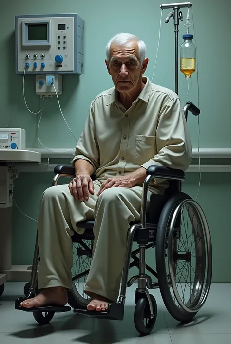 Drawing An elderly person admitted to the hospital with serum in a wheelchair