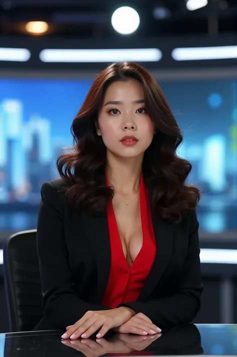 A 30/35 year old Korean woman who is very beautiful with curly & silky hair is sitting in a big & unique TV studio doing news & she wearing black coat  & in side cloth is red colour,big boobs