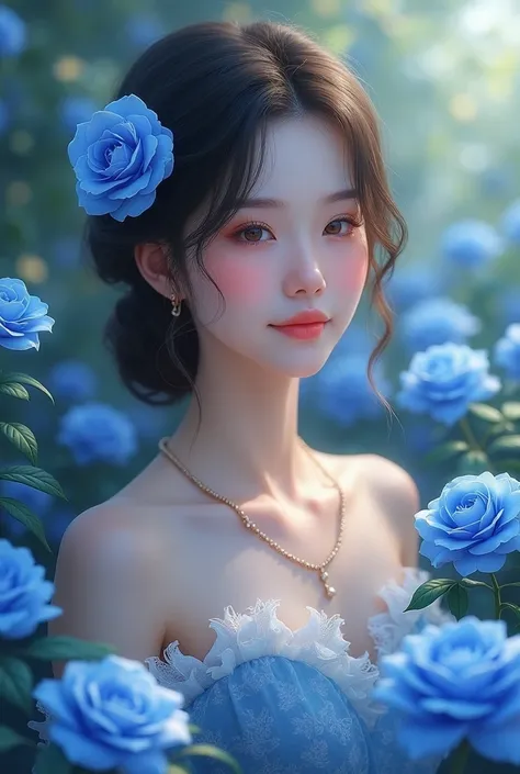 Blue Rose Garden、A beautiful woman wearing a blue rose hair ornament is smiling gently