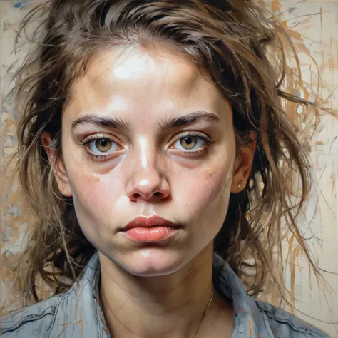 Detailed, top quality, neo-expressionism, Dutch angle, detailed drawing of facial expressions, exquisite and intricate strokes, one girl in a melancholy mood, head to shoulder pose, oil painting, dreaming eyes, middle-length hair, soft outfit, eyelashes, l...